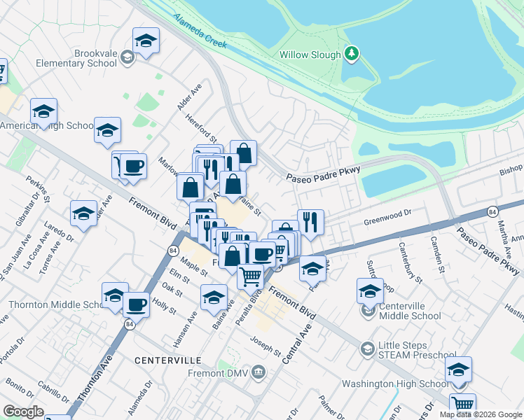 map of restaurants, bars, coffee shops, grocery stores, and more near 37168 Meadowbrook Common in Fremont
