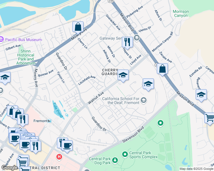 map of restaurants, bars, coffee shops, grocery stores, and more near 39088 Applegate Terrace in Fremont