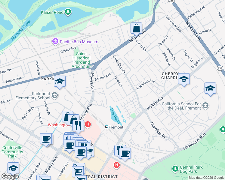 map of restaurants, bars, coffee shops, grocery stores, and more near 38806 Litchfield Circle in Fremont