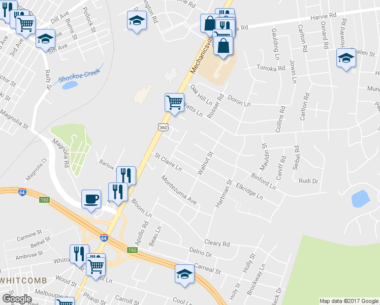 map of restaurants, bars, coffee shops, grocery stores, and more near 1800 Elkridge Lane in Richmond
