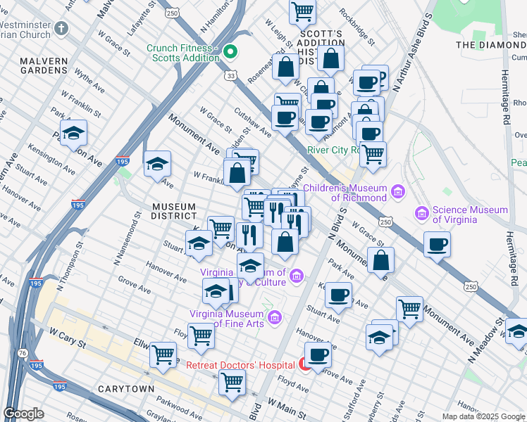 map of restaurants, bars, coffee shops, grocery stores, and more near 700 North Belmont Avenue in Richmond