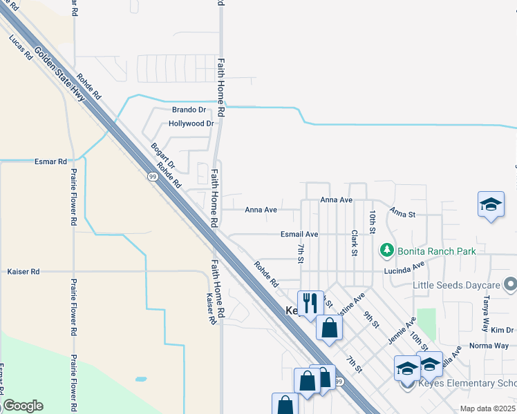 map of restaurants, bars, coffee shops, grocery stores, and more near 4105 Anna Avenue in Keyes