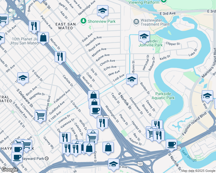 map of restaurants, bars, coffee shops, grocery stores, and more near 1440 Lodi Avenue in San Mateo