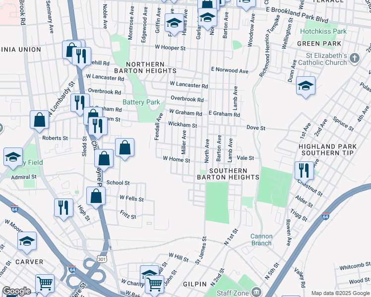 map of restaurants, bars, coffee shops, grocery stores, and more near 2013 Miller Avenue in Richmond