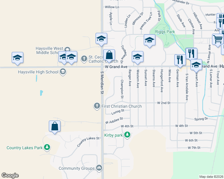 map of restaurants, bars, coffee shops, grocery stores, and more near 180-214 Peachwood Drive in Haysville