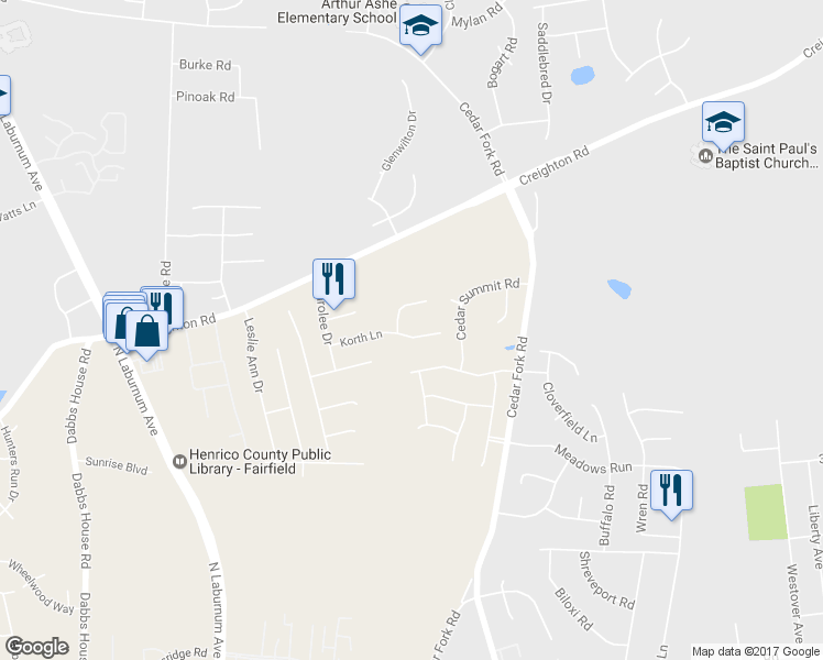 map of restaurants, bars, coffee shops, grocery stores, and more near 3904 Korth Lane in Richmond