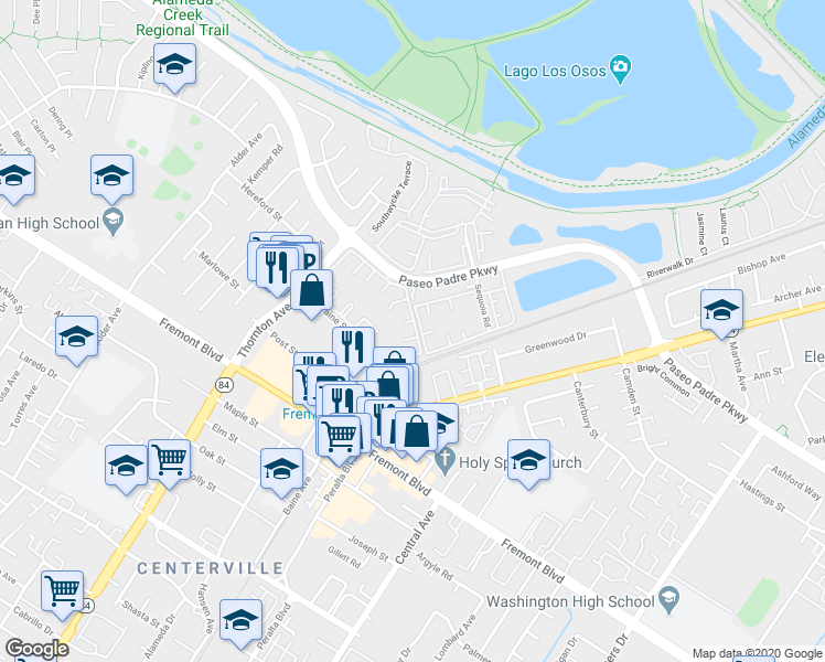 map of restaurants, bars, coffee shops, grocery stores, and more near 3507 Buttonwood Terrace in Fremont