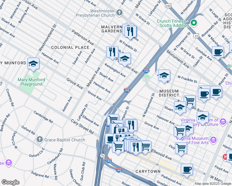 map of restaurants, bars, coffee shops, grocery stores, and more near 403 North Hamilton Street in Richmond