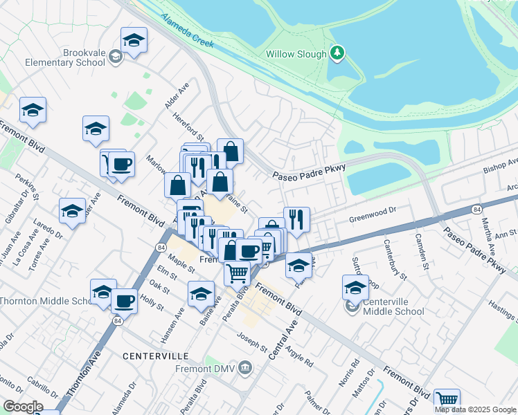 map of restaurants, bars, coffee shops, grocery stores, and more near 37168 Meadowbrook Common in Fremont