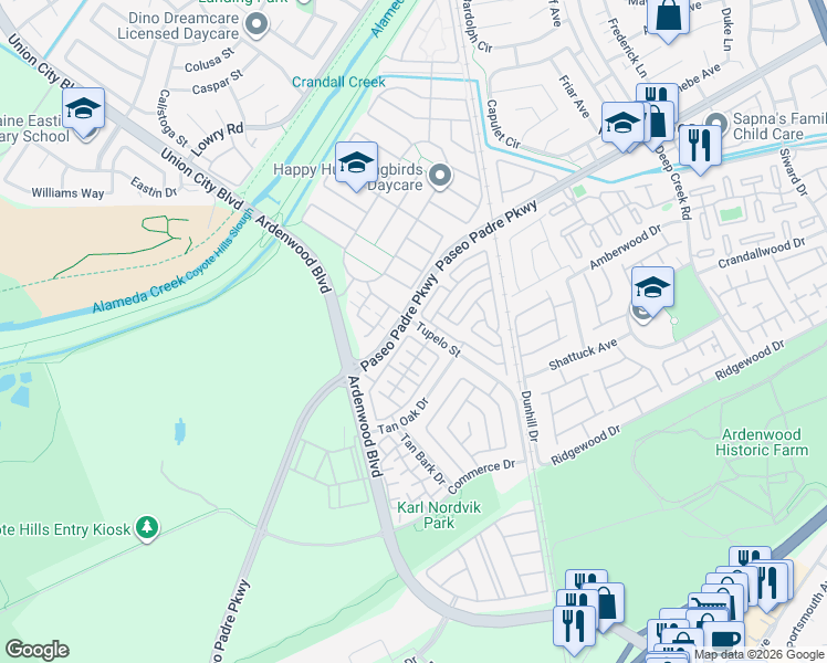 map of restaurants, bars, coffee shops, grocery stores, and more near 34143 Tupelo Street in Fremont