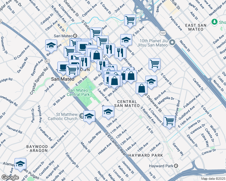 map of restaurants, bars, coffee shops, grocery stores, and more near 225 9th Avenue in San Mateo