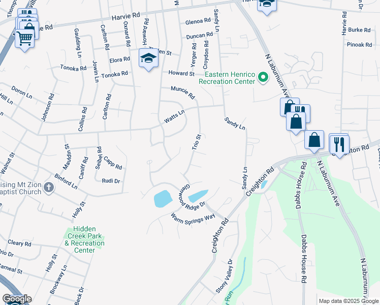 map of restaurants, bars, coffee shops, grocery stores, and more near 2928 Trio Street in Richmond