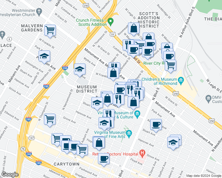 map of restaurants, bars, coffee shops, grocery stores, and more near 3216 Patterson Avenue in Richmond