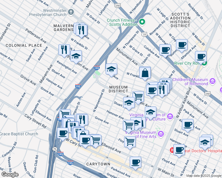 map of restaurants, bars, coffee shops, grocery stores, and more near 3425 Kensington Avenue in Richmond