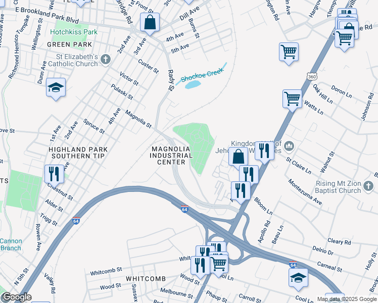 map of restaurants, bars, coffee shops, grocery stores, and more near 1901 Magnolia Road in Richmond