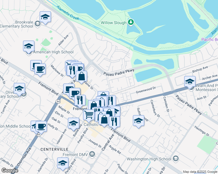 map of restaurants, bars, coffee shops, grocery stores, and more near 3507 Buttonwood Terrace in Fremont