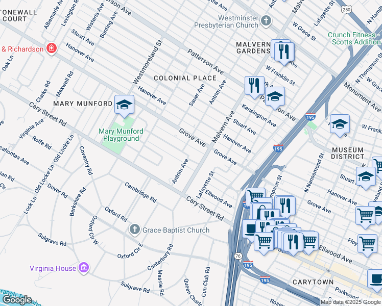 map of restaurants, bars, coffee shops, grocery stores, and more near 4108 Kingcrest Parkway in Richmond