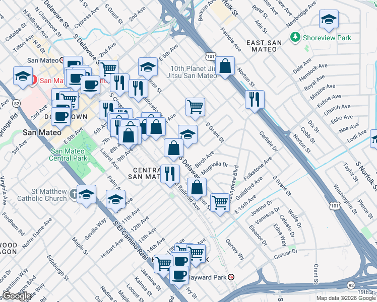map of restaurants, bars, coffee shops, grocery stores, and more near 1031 South Delaware Street in San Mateo
