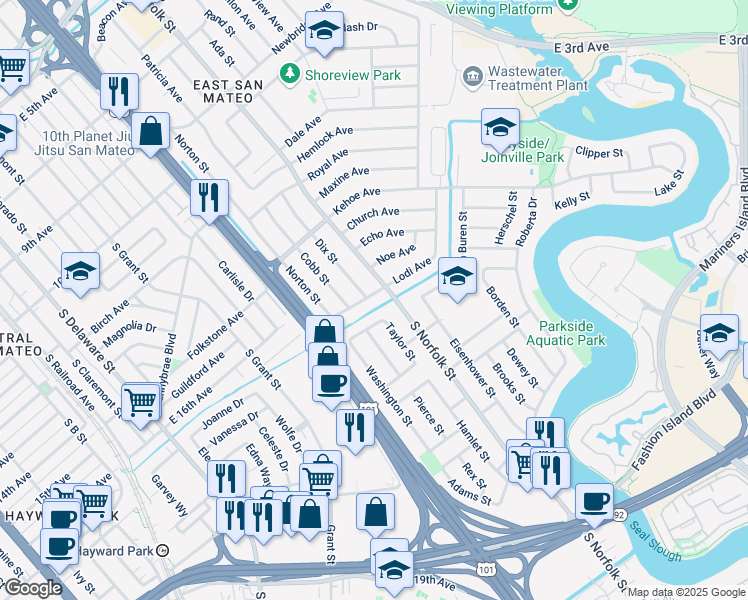 map of restaurants, bars, coffee shops, grocery stores, and more near 1440 Lodi Avenue in San Mateo