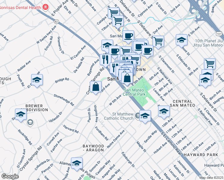 map of restaurants, bars, coffee shops, grocery stores, and more near 40 West 4th Avenue in San Mateo