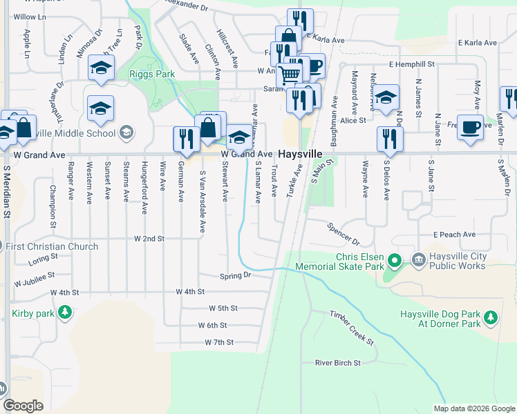 map of restaurants, bars, coffee shops, grocery stores, and more near 242 South Lamar Avenue in Haysville