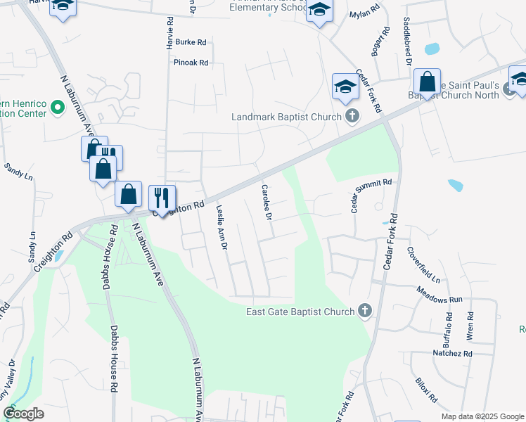 map of restaurants, bars, coffee shops, grocery stores, and more near 1128 Carolee Drive in Richmond
