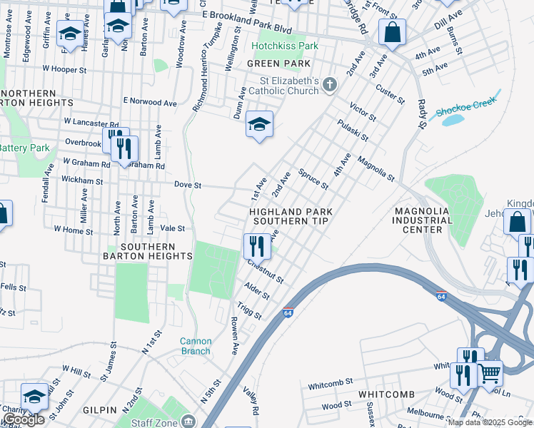 map of restaurants, bars, coffee shops, grocery stores, and more near 2107 2nd Avenue in Richmond