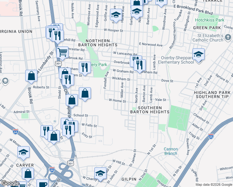 map of restaurants, bars, coffee shops, grocery stores, and more near 2013 Greenwood Avenue in Richmond