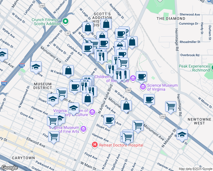 map of restaurants, bars, coffee shops, grocery stores, and more near 2801 West Grace Street in Richmond