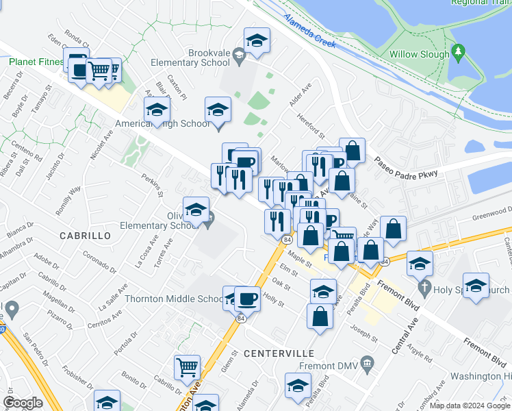 map of restaurants, bars, coffee shops, grocery stores, and more near 36559 Fremont Boulevard in Fremont
