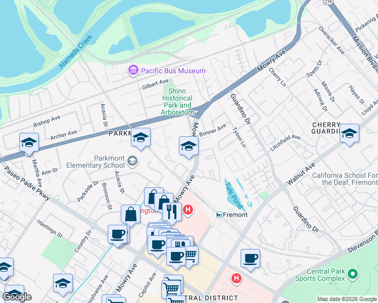 map of restaurants, bars, coffee shops, grocery stores, and more near 38576 Mary Terrace in Fremont