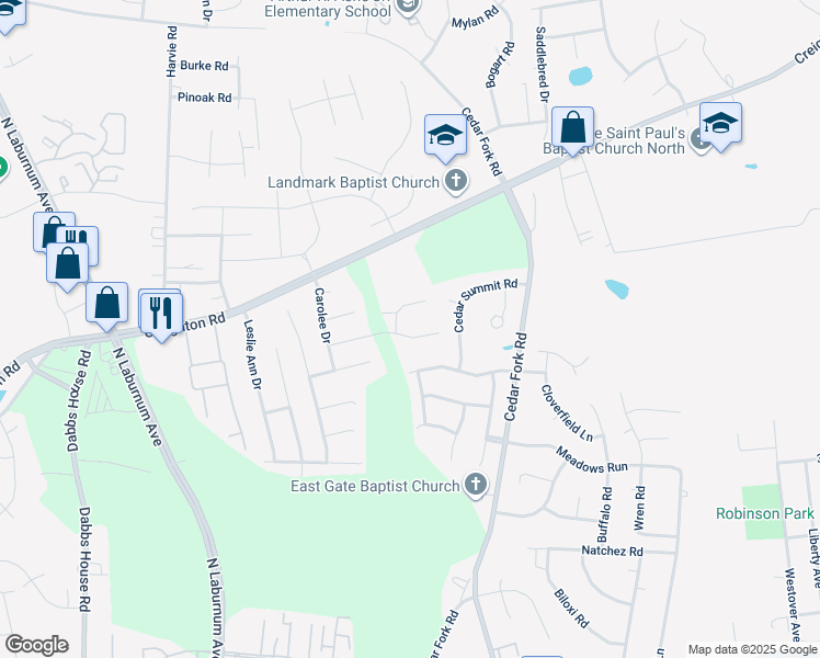 map of restaurants, bars, coffee shops, grocery stores, and more near 3904 Korth Lane in Richmond