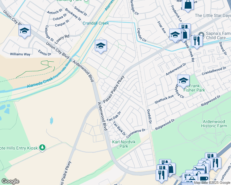 map of restaurants, bars, coffee shops, grocery stores, and more near in Fremont