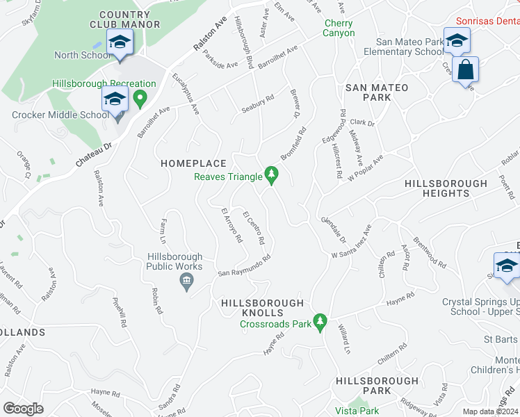 map of restaurants, bars, coffee shops, grocery stores, and more near 1020 San Raymundo Road in Hillsborough