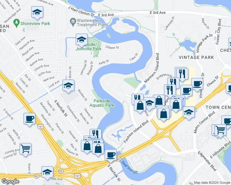 map of restaurants, bars, coffee shops, grocery stores, and more near 1018 Shoal Drive in San Mateo