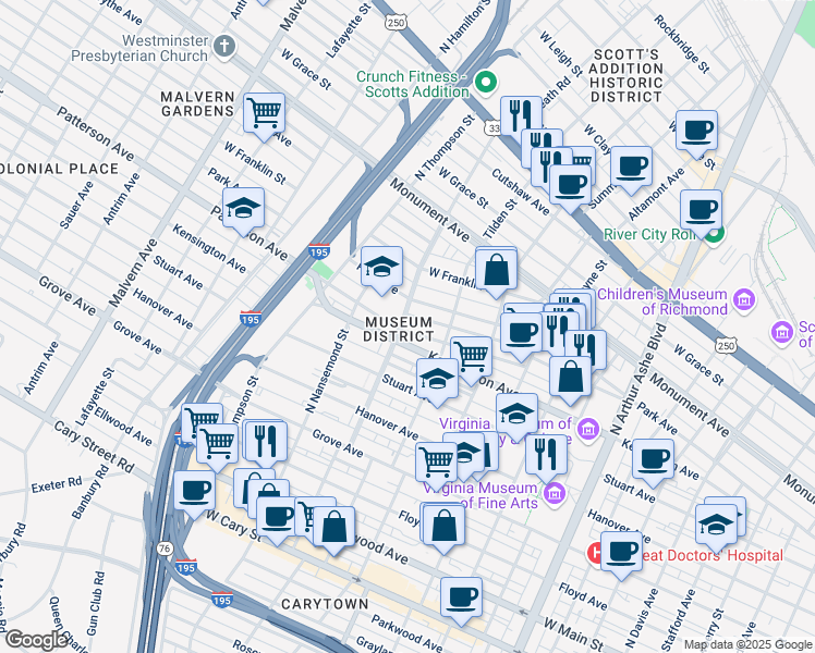 map of restaurants, bars, coffee shops, grocery stores, and more near 601 Roseneath Road in Richmond