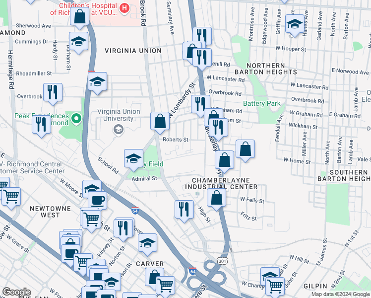 map of restaurants, bars, coffee shops, grocery stores, and more near 2000 Seminary Avenue in Richmond