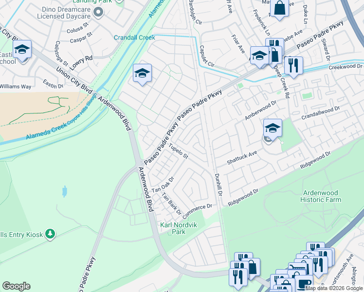 map of restaurants, bars, coffee shops, grocery stores, and more near 34178 Gannon Terrace in Fremont