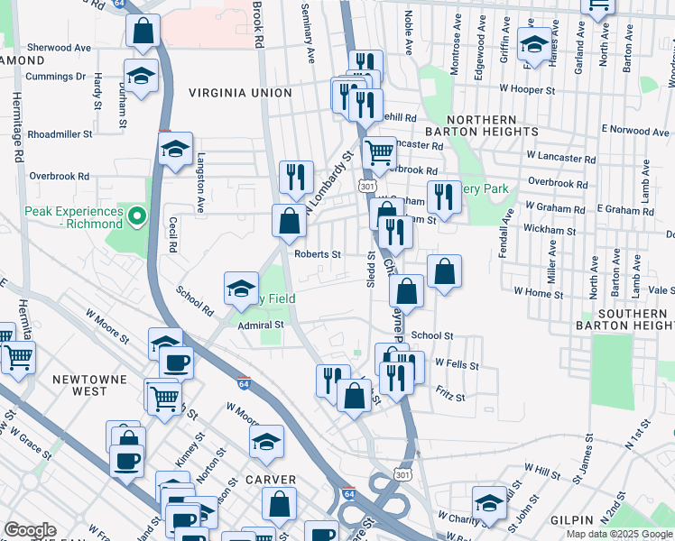 map of restaurants, bars, coffee shops, grocery stores, and more near 2000 Seminary Avenue in Richmond
