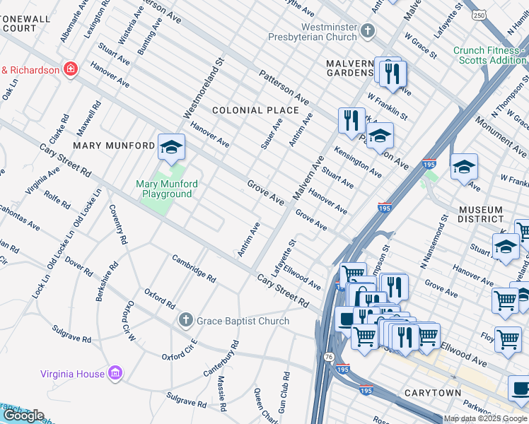 map of restaurants, bars, coffee shops, grocery stores, and more near 4108 Kingcrest Parkway in Richmond