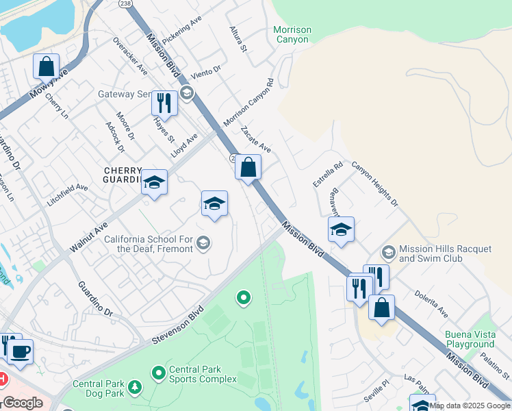 map of restaurants, bars, coffee shops, grocery stores, and more near 127 Branta Common in Fremont