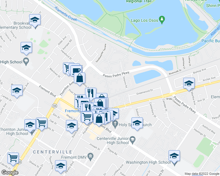 map of restaurants, bars, coffee shops, grocery stores, and more near 37344 Spruce Terrace in Fremont