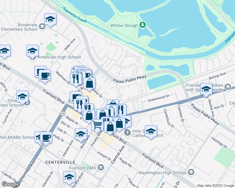 map of restaurants, bars, coffee shops, grocery stores, and more near 3518 Buttonwood Terrace in Fremont