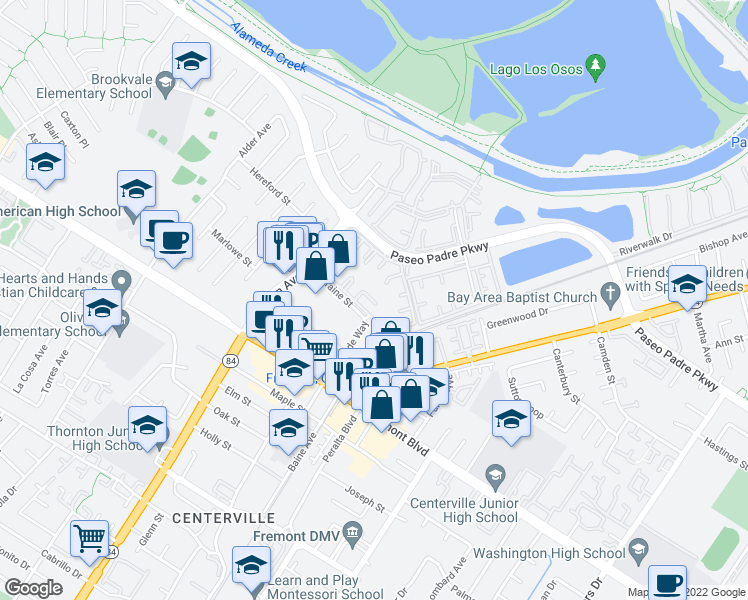 map of restaurants, bars, coffee shops, grocery stores, and more near 3518 Buttonwood Terrace in Fremont