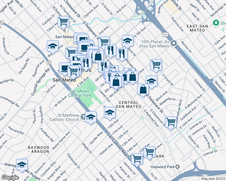 map of restaurants, bars, coffee shops, grocery stores, and more near 225 9th Avenue in San Mateo