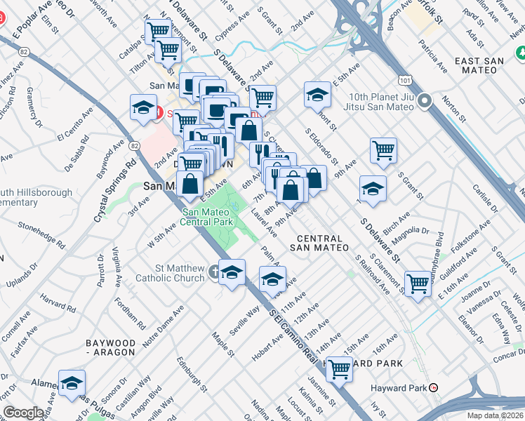 map of restaurants, bars, coffee shops, grocery stores, and more near 710 Laurel Avenue in San Mateo