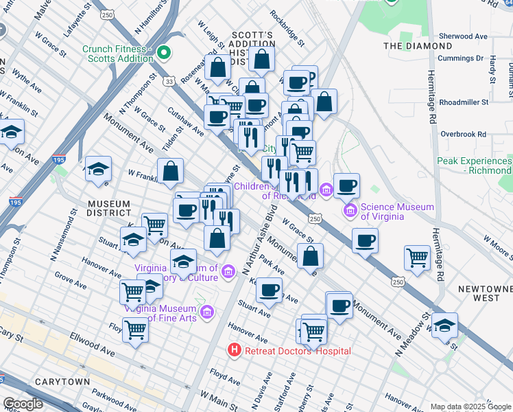 map of restaurants, bars, coffee shops, grocery stores, and more near 2816 Monument Avenue in Richmond