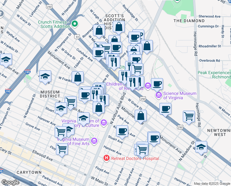 map of restaurants, bars, coffee shops, grocery stores, and more near 2816 Monument Avenue in Richmond
