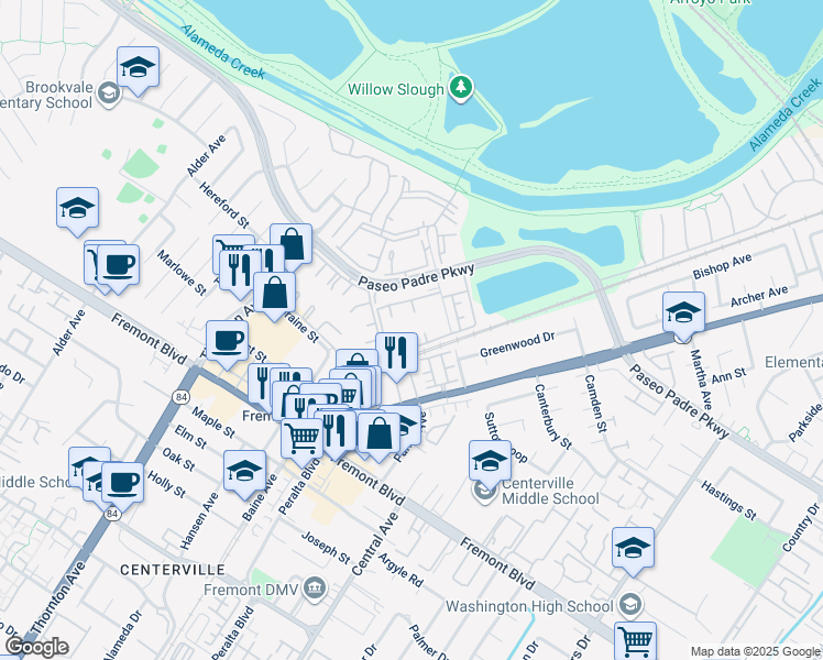 map of restaurants, bars, coffee shops, grocery stores, and more near 3397 Foxtail Terrace in Fremont