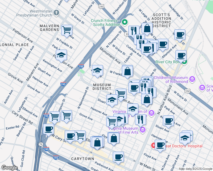 map of restaurants, bars, coffee shops, grocery stores, and more near 3330 Patterson Avenue in Richmond